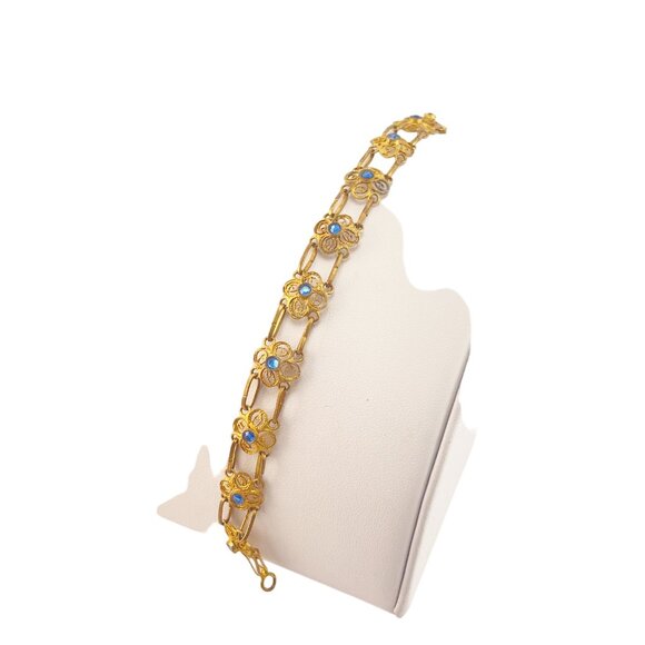 Vintage Gold-Plated Floral Bracelet With Blue Gemstone Accents - Picture 4 of 9